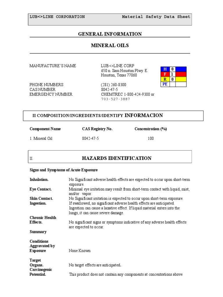MSDS Mineral Oils PDF Personal Protective Equipment Combustion