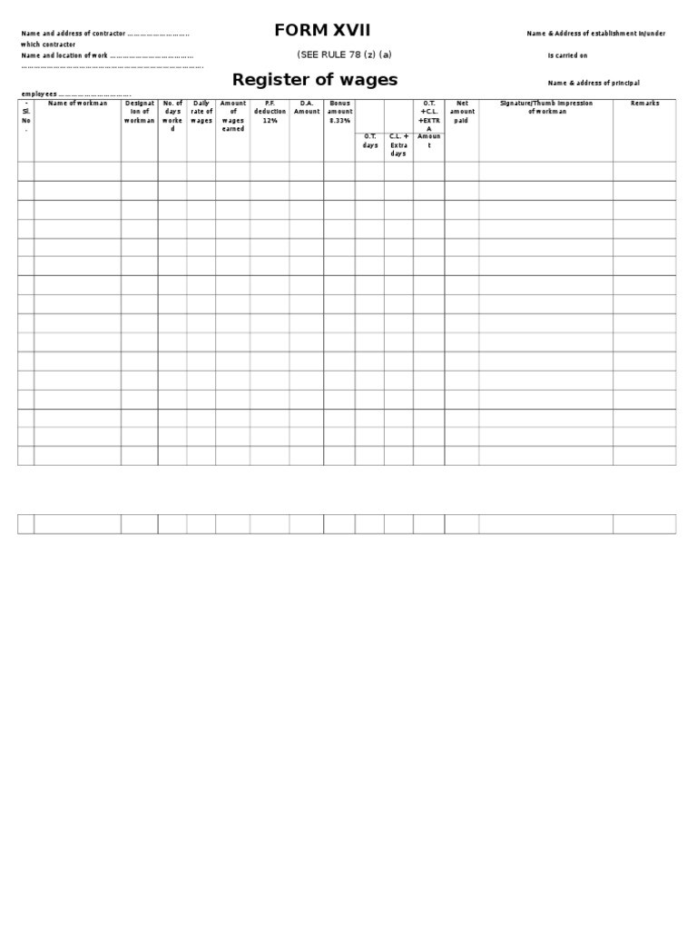 Contractor Wage Register Form XVII | PDF