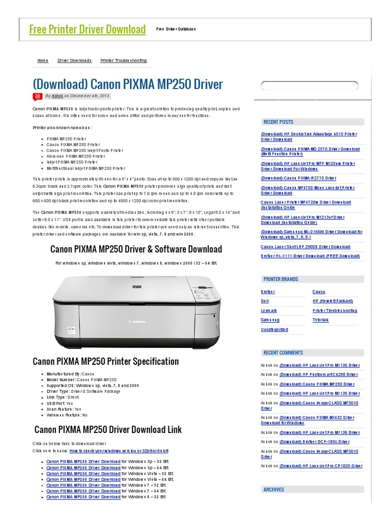 Canon mp250 driver download free