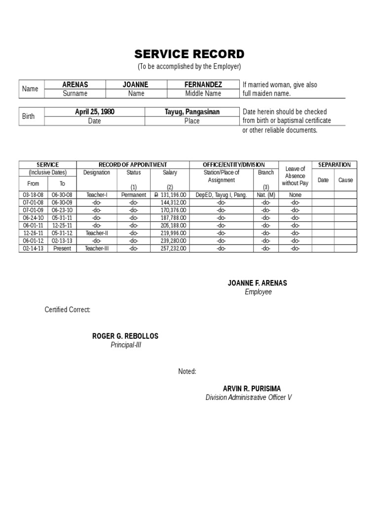 Service Record: Arenas Joanne Fernandez | PDF
