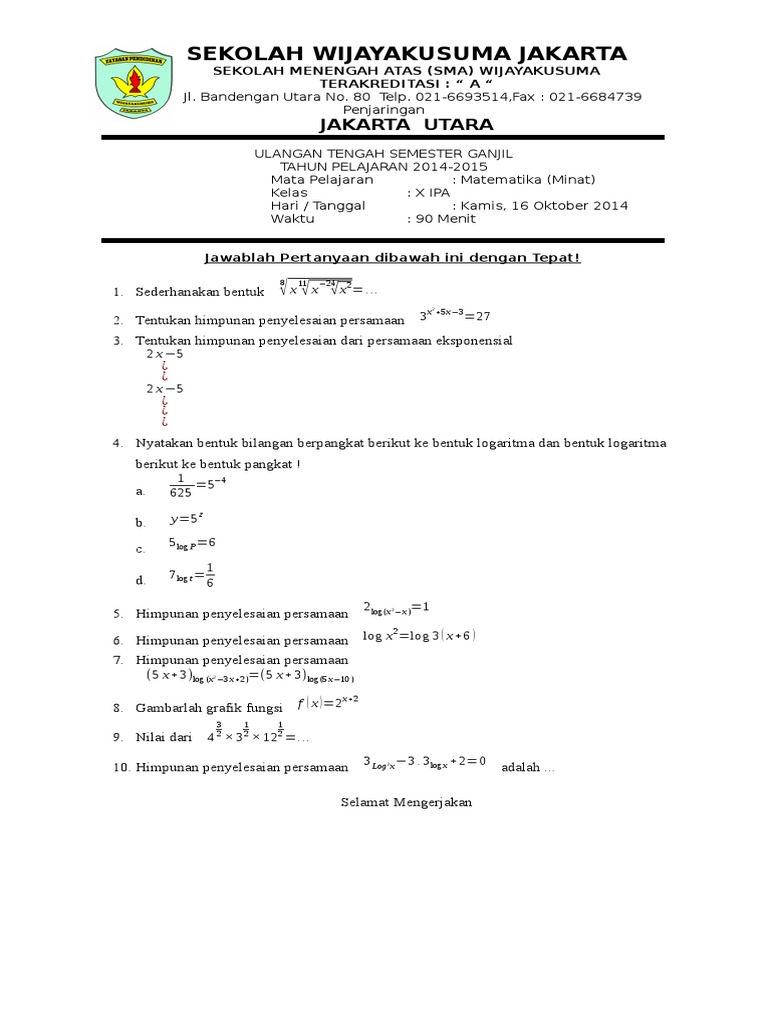 SOAL MATEMATIKA MINAT SMA KELAS X