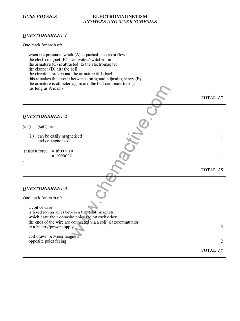 Answers To IGCSE Physics WORKSHEET Electromagnetism | PDF