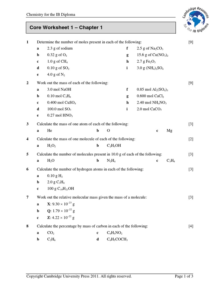 IB Chem 1 Assess Cws1a | PDF | Mole (Unit) | Carbon