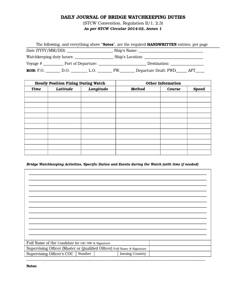 Section 2 Daily Bridge Watchkeeping Journal (Deck) Ships Water