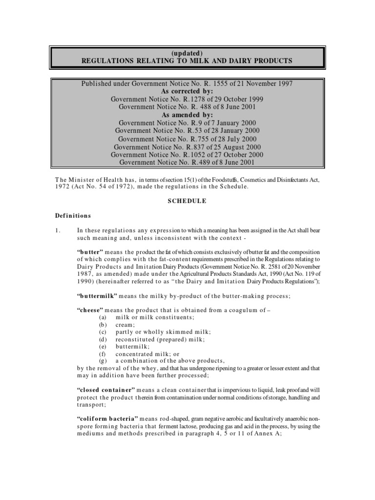 STR012 Reg 1555 DOH Regulations Re Milk + Dairy Products PDF Milk Foods