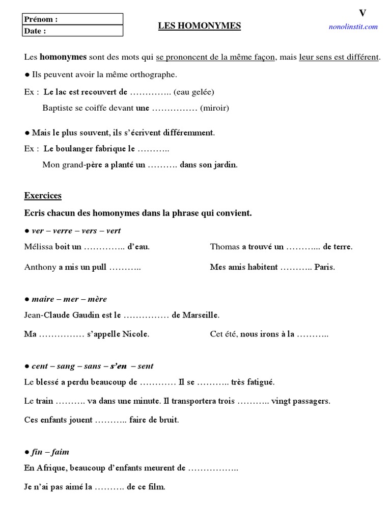 Exercices Homonymes Cm1 à Imprimer Homonymes Lecon Exercices | PDF | La nature
