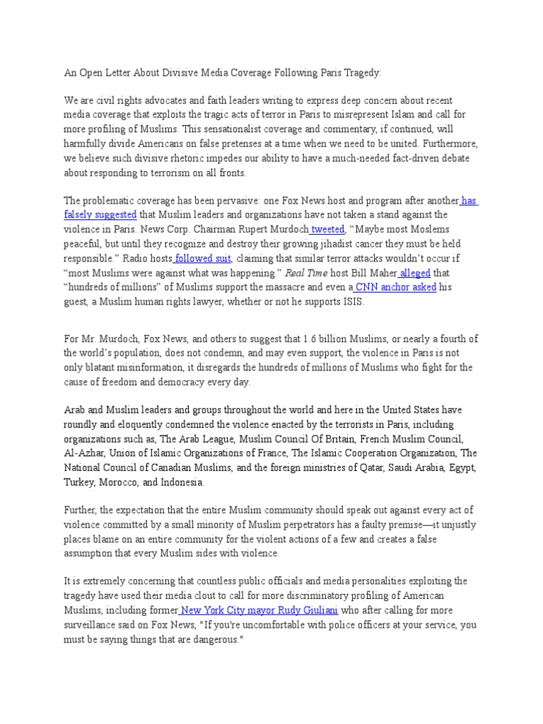 Civil Rights Orgs Write Open Letter To Media On Anti-Muslim Hate | PDF ...