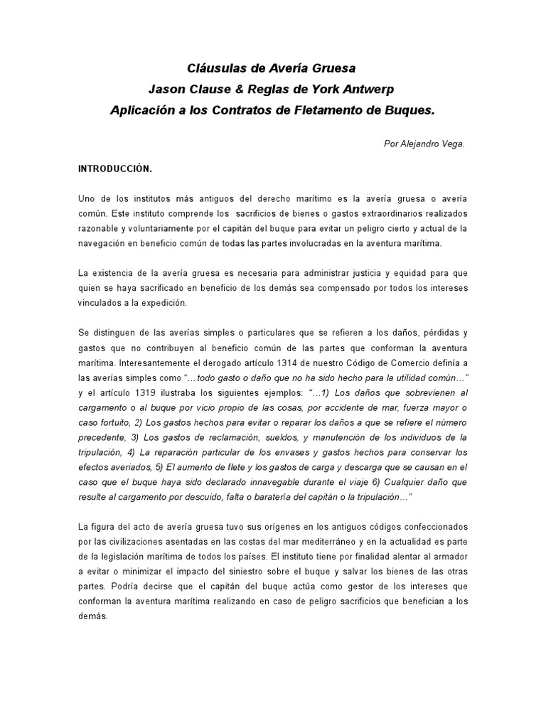 Cláusulas de Avería Gruesa Jason Clause Reglas de York Antwerp