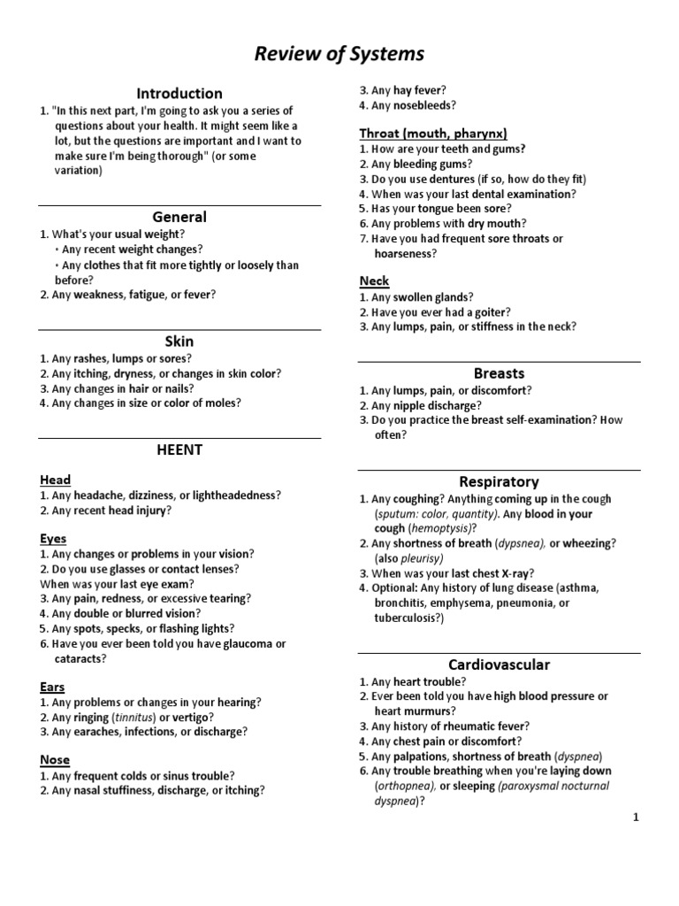 Review Of Systems bates Super long Version Cough Urinary 