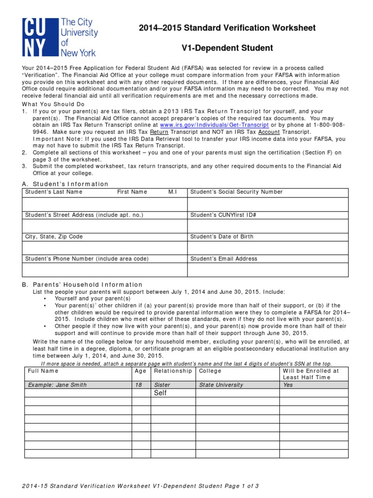 Cuny Standard Verification Worksheet Tax Return United States Internal Revenue Service