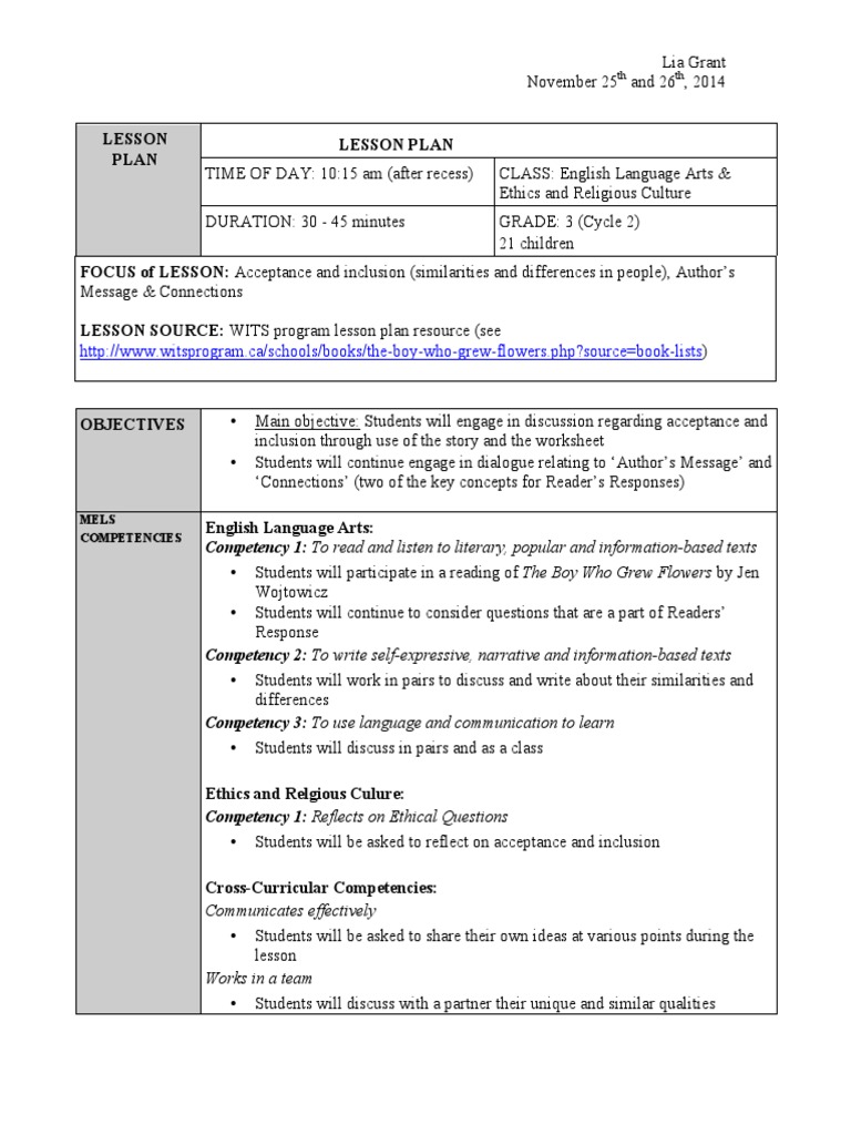 Edfe 3 - The Boy Who Grew Flowers Lesson Plan - Lia | PDF | Competence ...