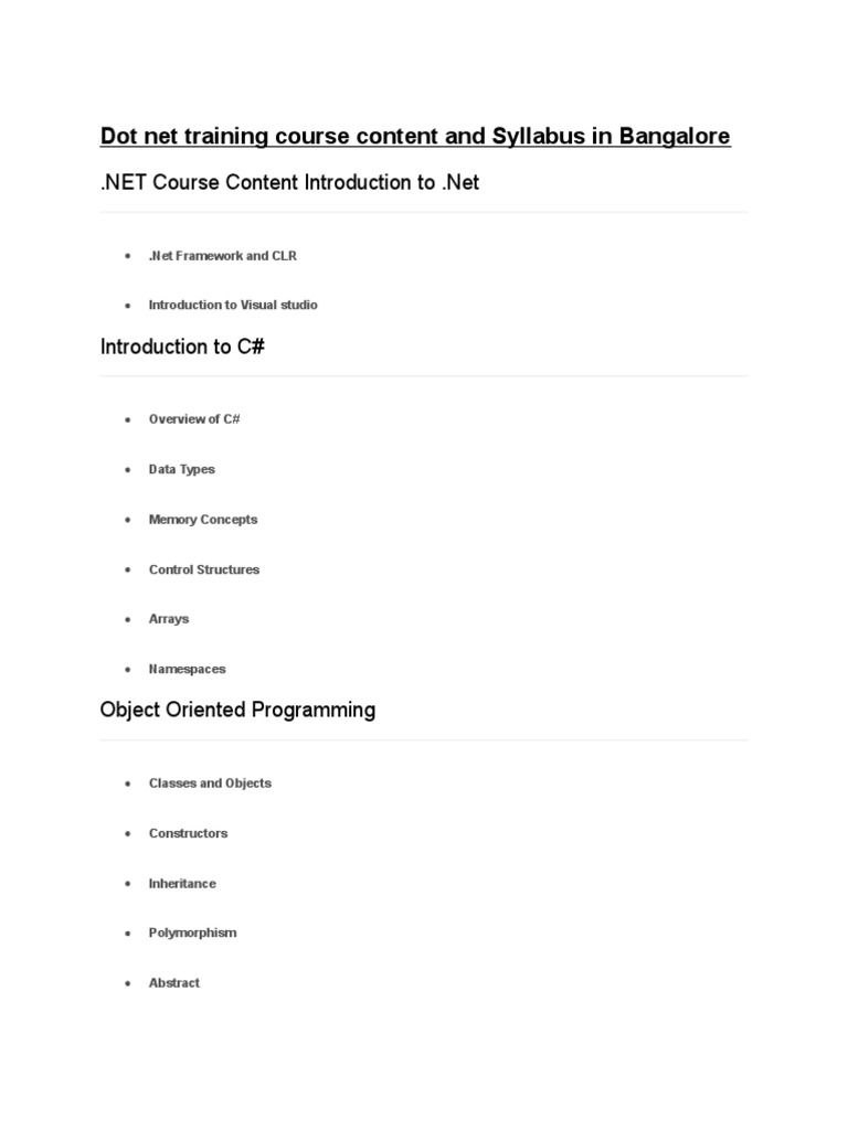 Dot Net Training Syllabus in Bangalore | PDF | Computers