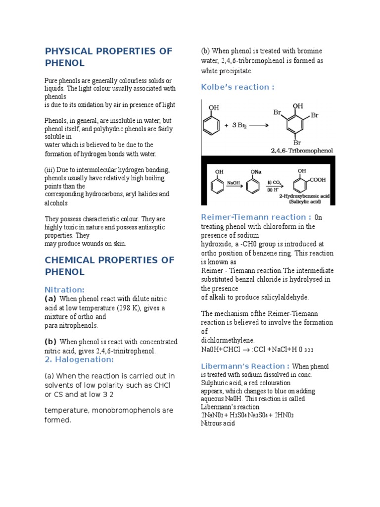 Physical Properties of Phenol Phenols Chemical Reactions