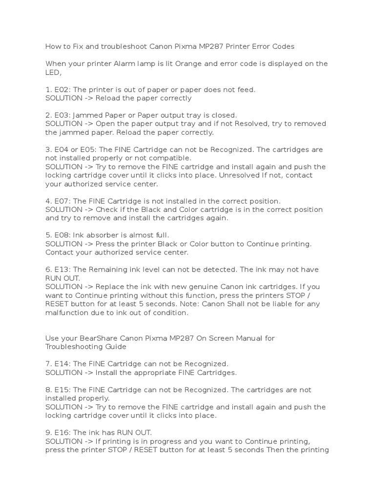 How To Fix and Troubleshoot Canon Pixma MP287 Printer Error Codes PDF