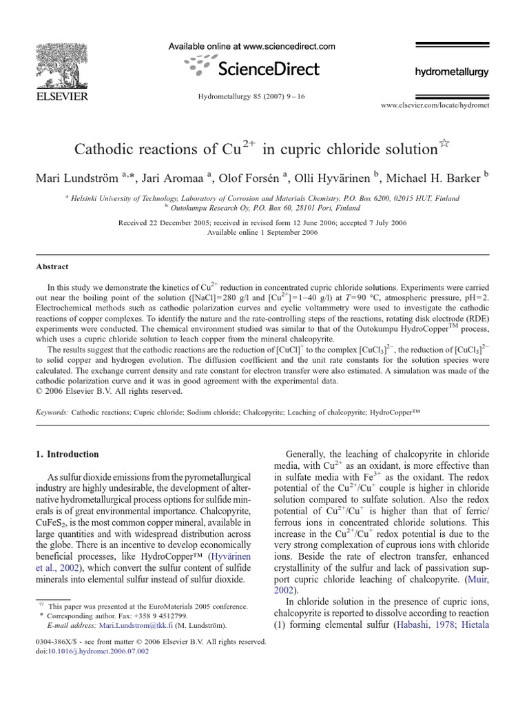 Cathodic reactions of Cu2+ in cupric chloride solution Redox Ph