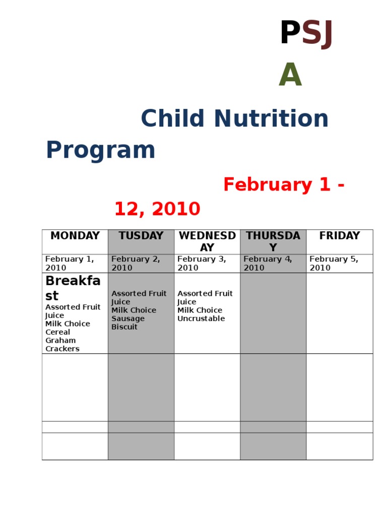 February 2010 Child Nutrition Menu | PDF