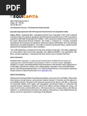 Equicapita Signs Agreement with ATB Corporate Financial Services for Acquisition Facility
