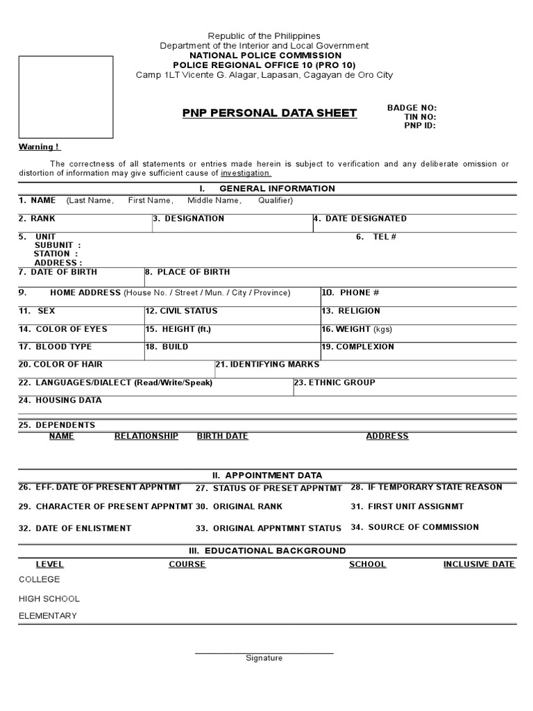 PNP Personal Data Sheet Republic of The Philippines Department of The