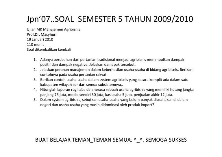 Soal Ujian Manajemen Agribisnis Pertanian Ugm