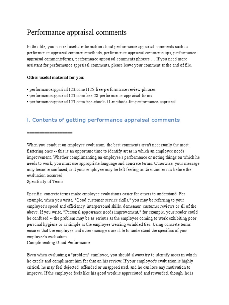 Performance Appraisal Comments | PDF | Performance Appraisal 