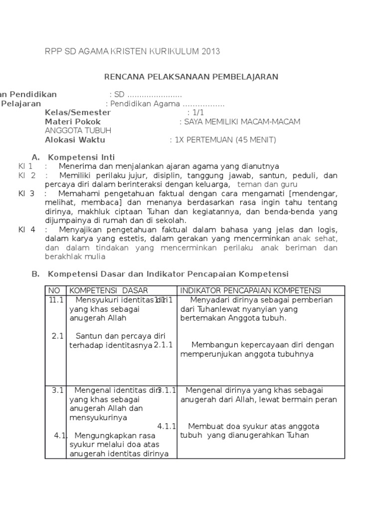 Prangkat Pembelajaran Agama Katolik 1 Lembar Sd Download Rpp K13