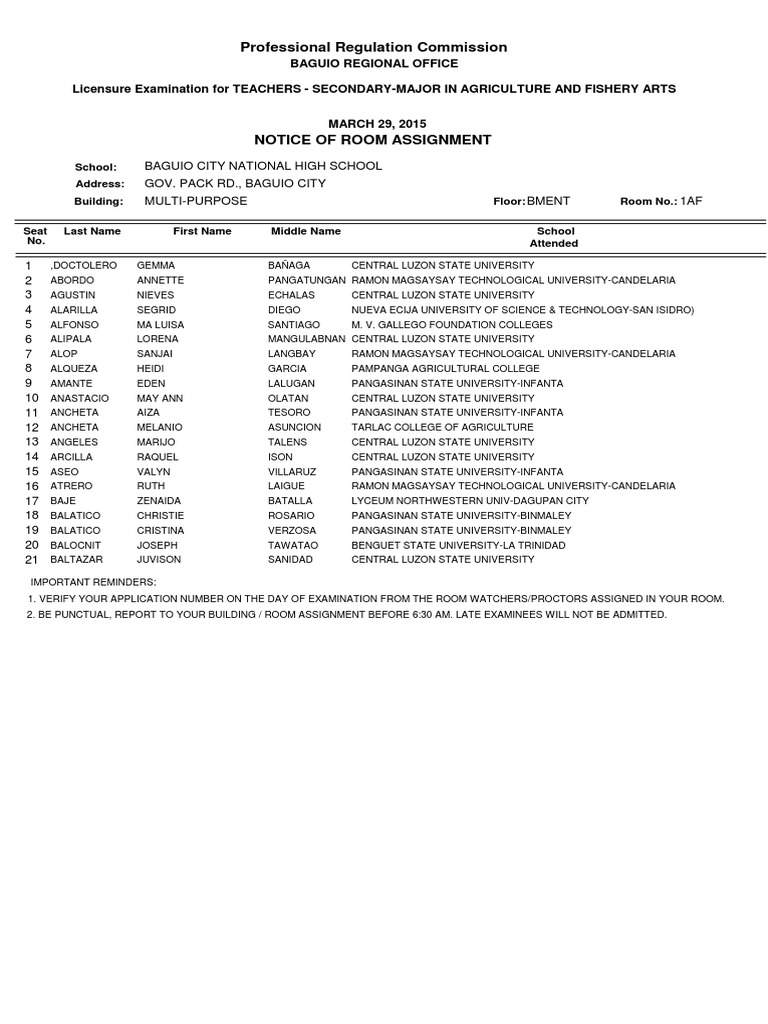 Room Assignments for Teacher Licensure Exam | PDF | Philippines | Schools