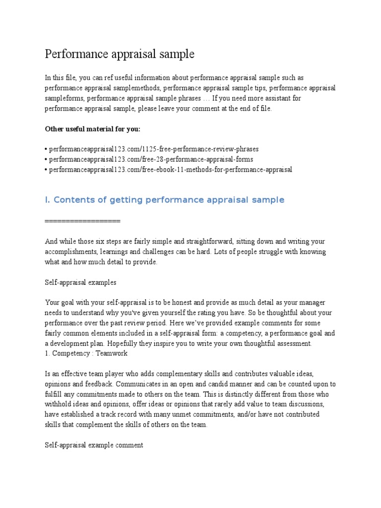 Performance Appraisal Sample  PDF  Performance Appraisal  Cognition