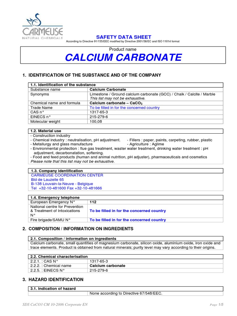 Safety Sheet for Caco3 Chemical Substances Materials