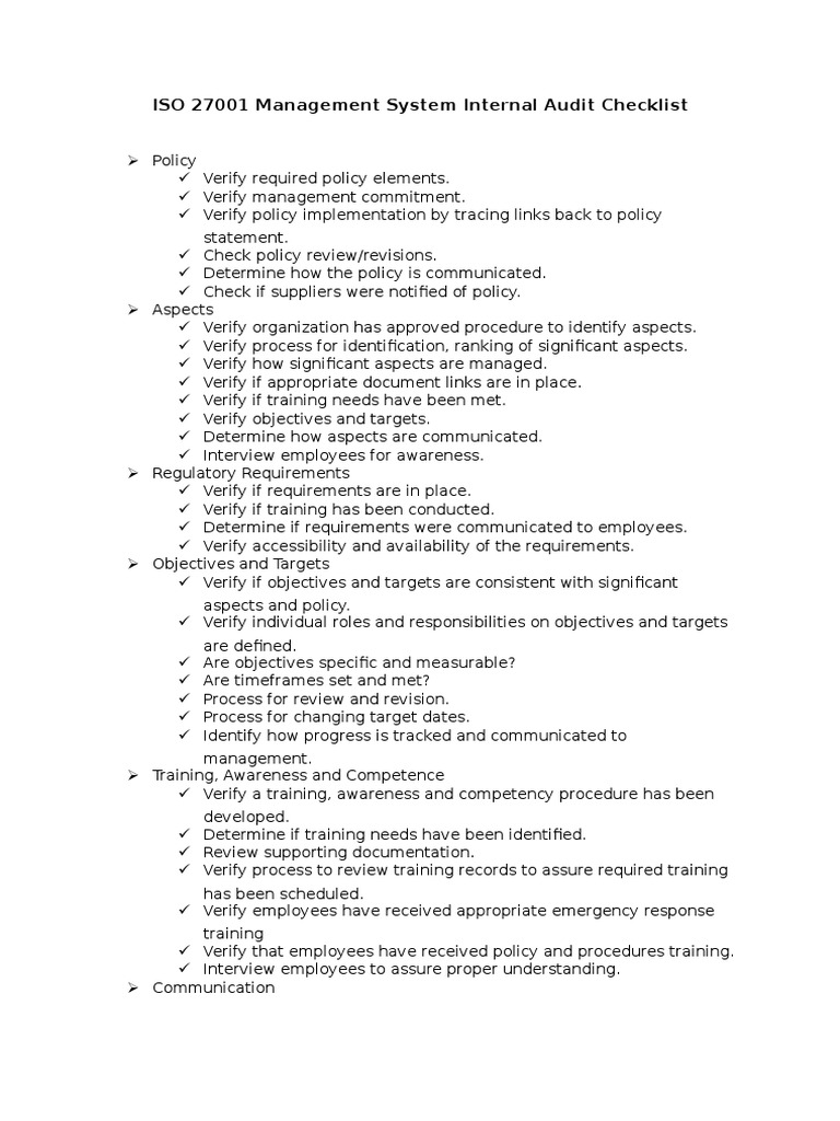 Iso 27001 Internal Audit Checklist Internal Audit Audit