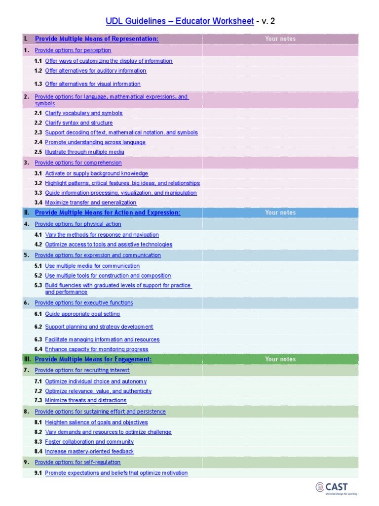 UDL Guidelines - Educator Worksheet: Provide Multiple Means of ...