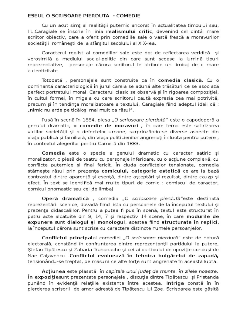 Eseu o Scrisoare Pierduta Comedia