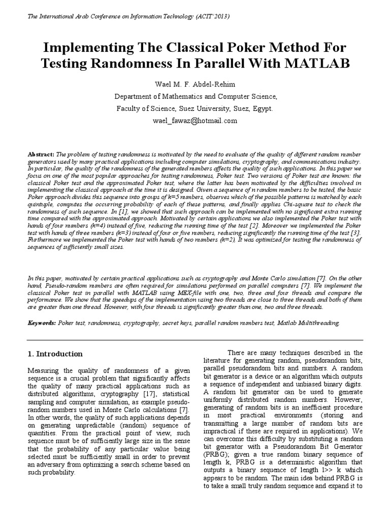 Poker Test for Randomness in MATLAB | PDF | Statistical Hypothesis ...