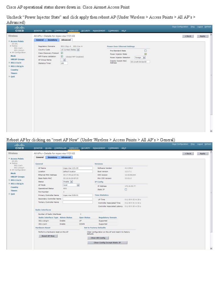 Resolving Cisco AP Operational Status Down | PDF