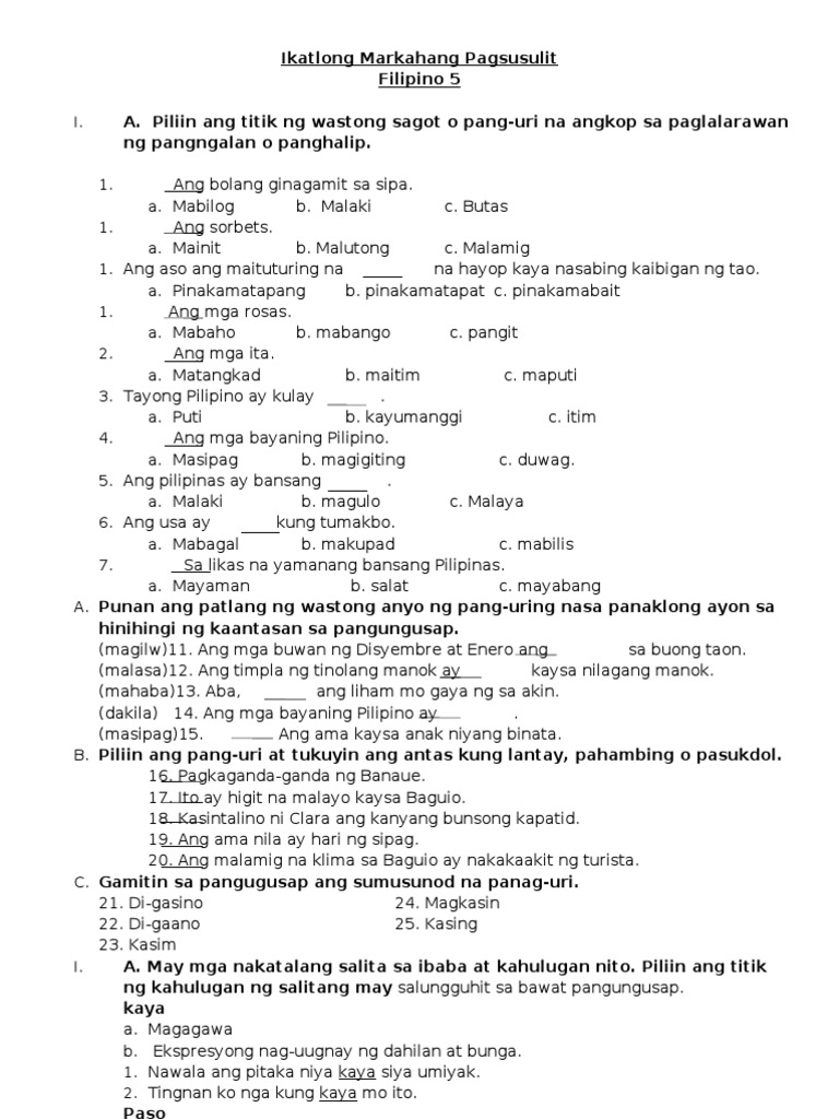 ikatlong markahang pagsusulit filipino 5