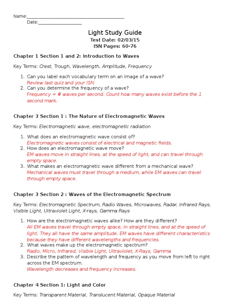 light study guide answers Radiation Lens (Optics