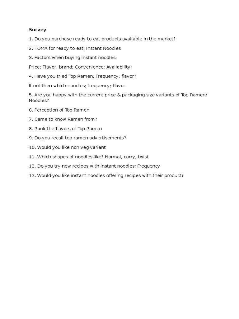 Questionnaire Top Ramen Survey