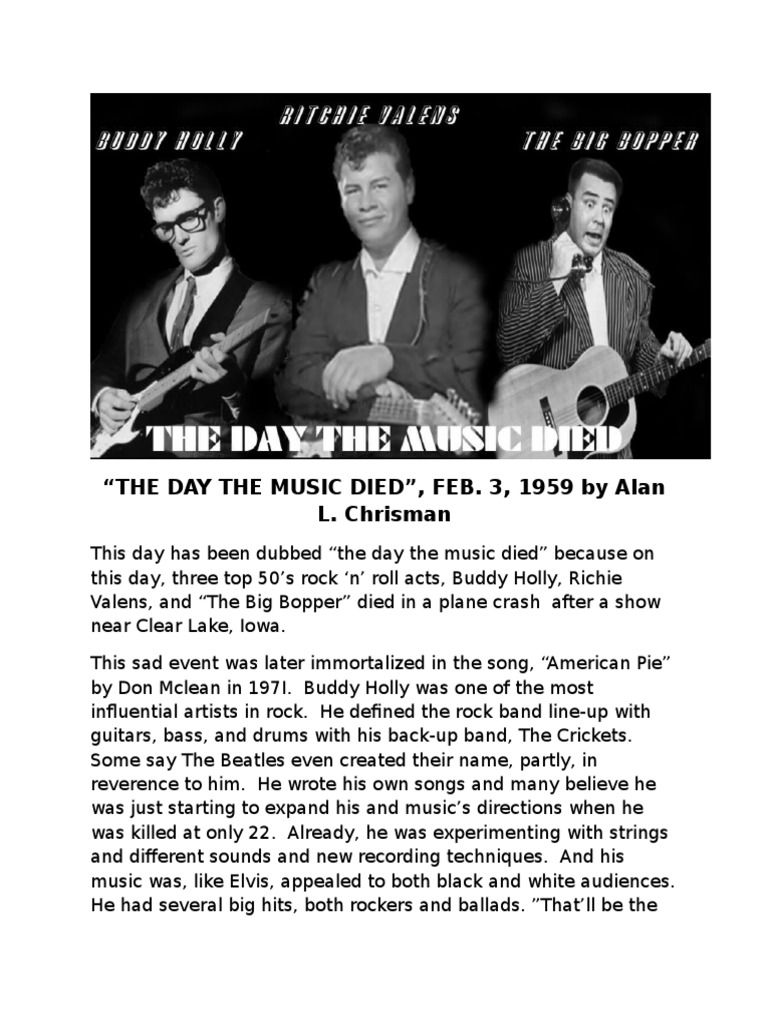 "The Day the Music Died", Feb. 3, 1959 Rock Music Popular Music
