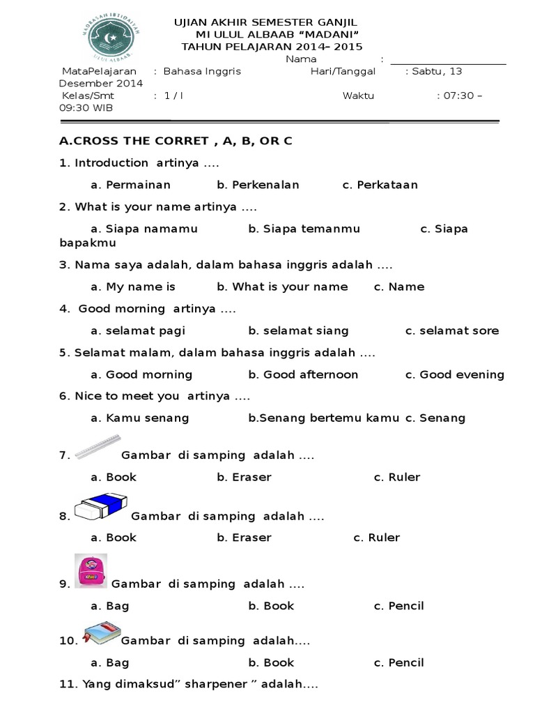 Soal Uas Inggris Kelas 1 Sd Mi Pdf