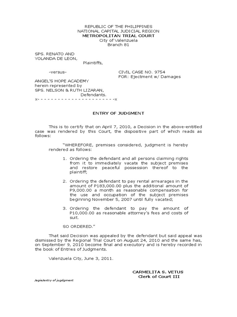 Entry of Judgment | Lawsuit | Judgment (Law)
