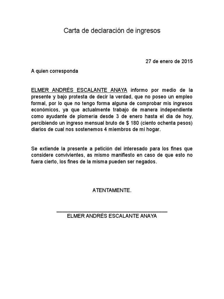 Carta De Ingresos No Comprobables - Recipes Site o