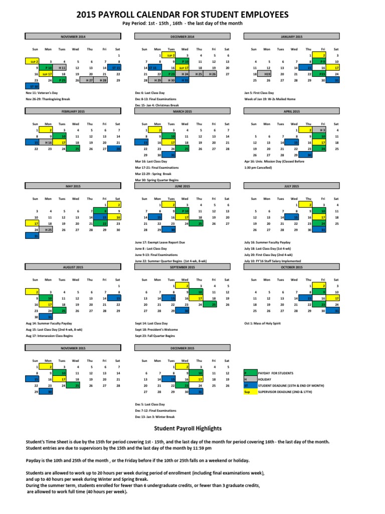 2015 Student Payroll Calendar PDF Holidays Observances