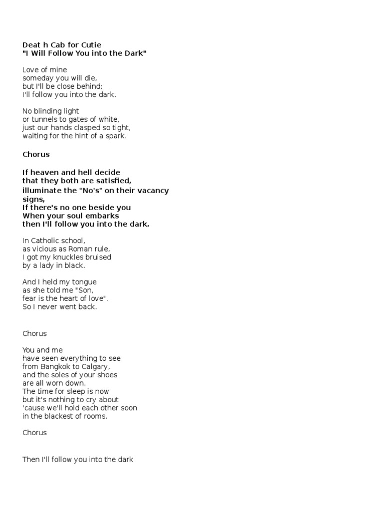 I Will Follow You Into The Dark Lyrics EFL Vocabulary | PDF 