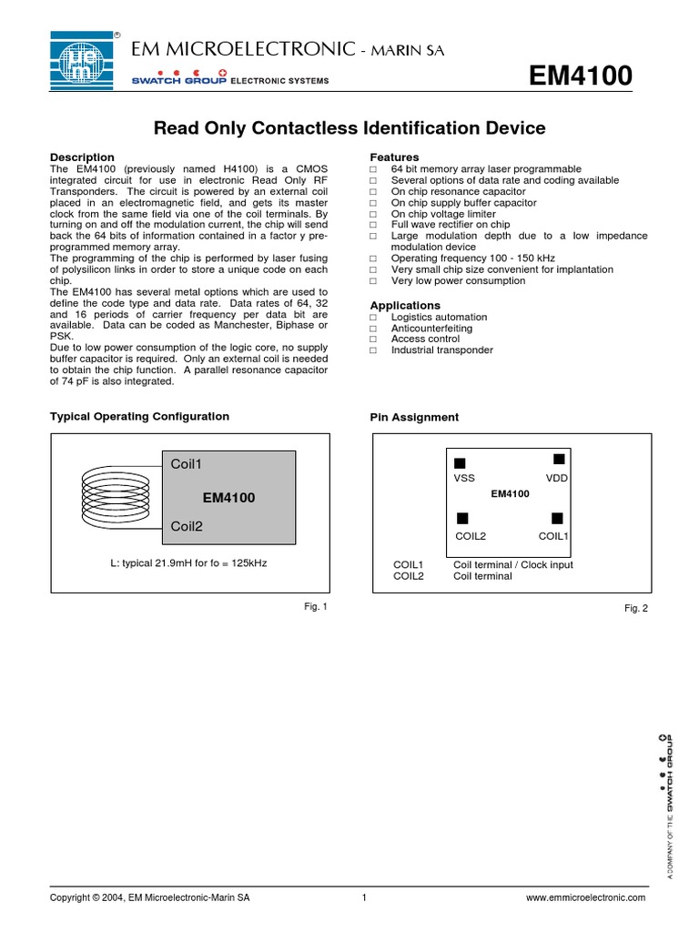 Em Microelectronic: Read Only Contactless Identification Device | PDF ...