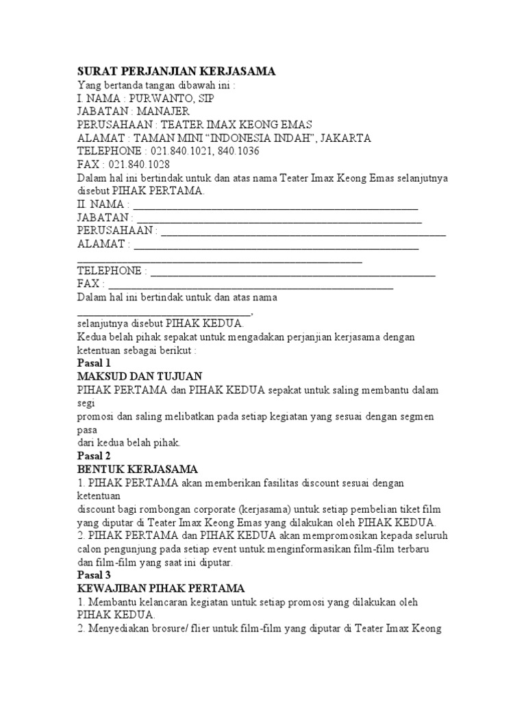 Surat Perjanjian Kerjasama Word