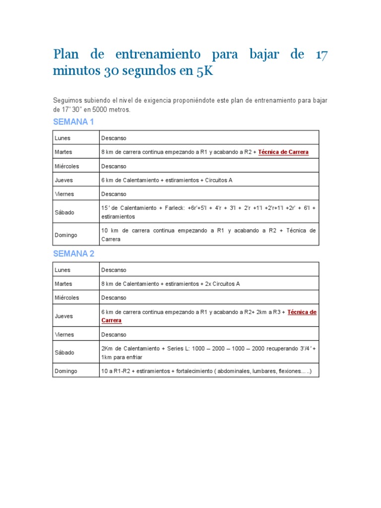 Plan de Entrenamiento Para Bajar de 17 Minutos 30 Segundos
