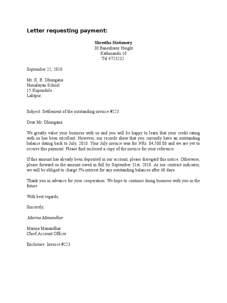 Letter Requesting Payment