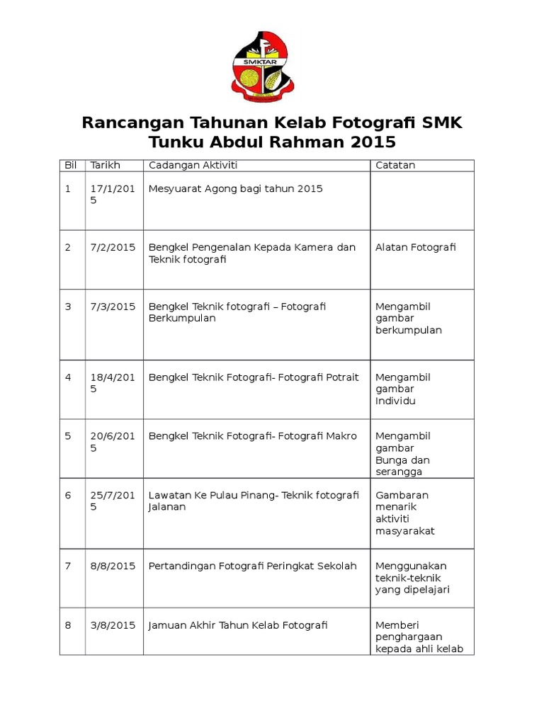 Rancangan Tahunan Kelab Fotografi