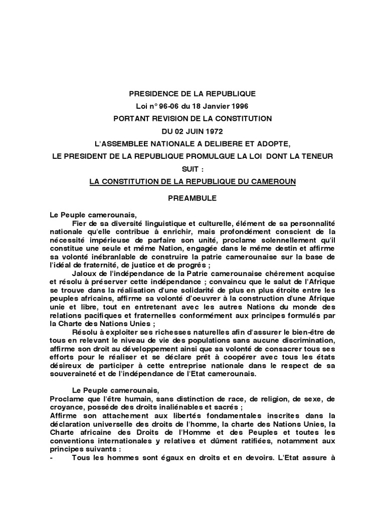 Constitution Du Cameroun1996 Et 2008  PDF  Traité  Droit statutaire