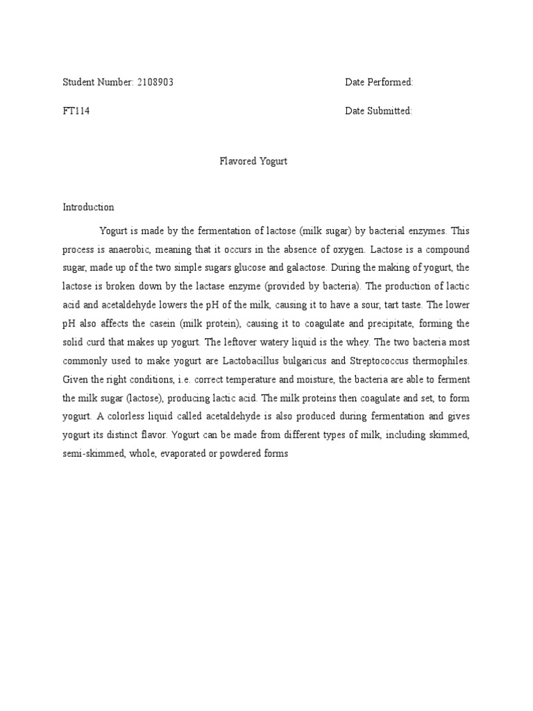 Yogurt Lab Report PDF Yogurt Milk