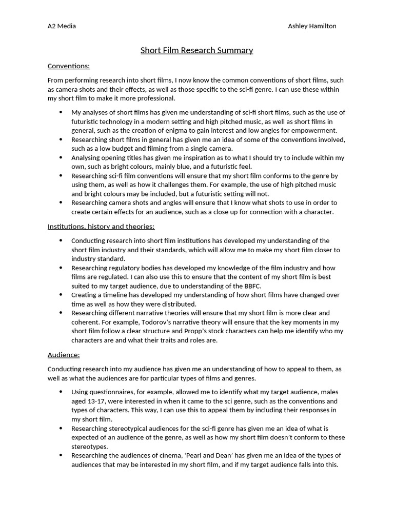 Short Film Research Summary PDF Genre Narrative